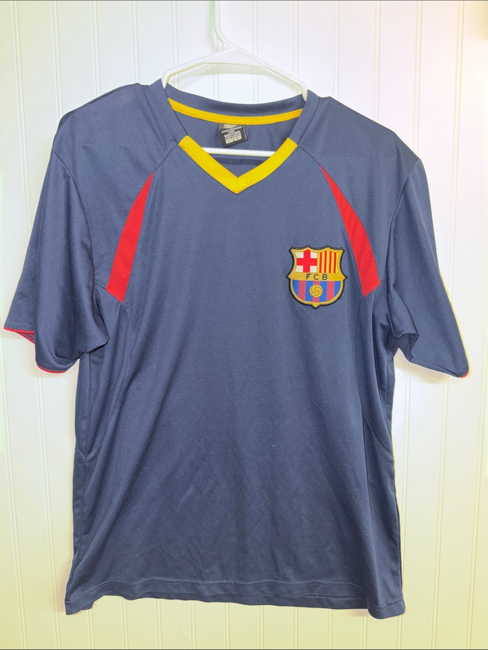 Blue Short-Sleeve Soccer Tee with Red & Yellow Accents